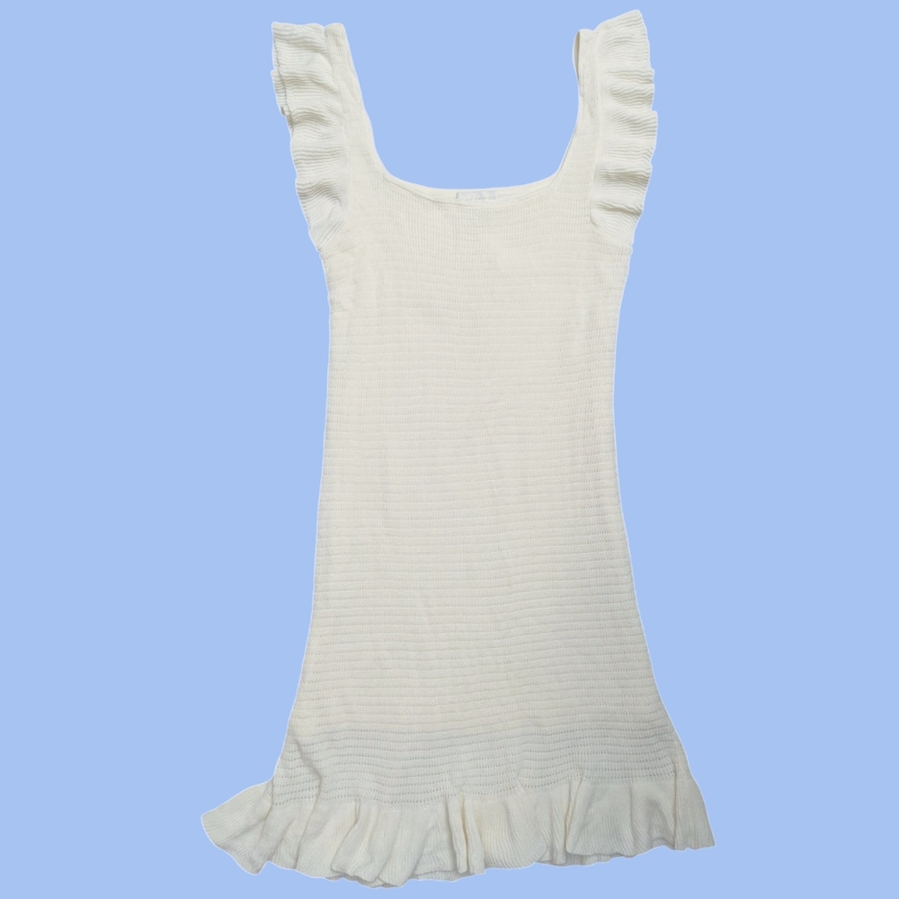 House of Harlow 1960 Ruffle Crochet Dress Ivory Pointelle Tight Knit Mini - Picture 9 of 9